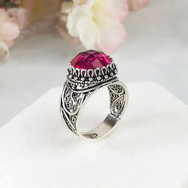 Fuchsia Quartz Silver Ring, 925 Sterling Silver Hot Pink Fuchsia Red Quartz Artisan Crafted Filigree Round Statement Ring Women Jewelry Gift