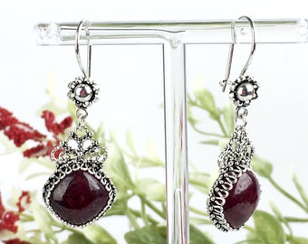 Genuine Opaque Ruby Dangle Drop Earrings 925 Sterling Silver Natural Ruby Gemstone Artisan Crafted Filigree Women Jewelry Gift Boxed for Her