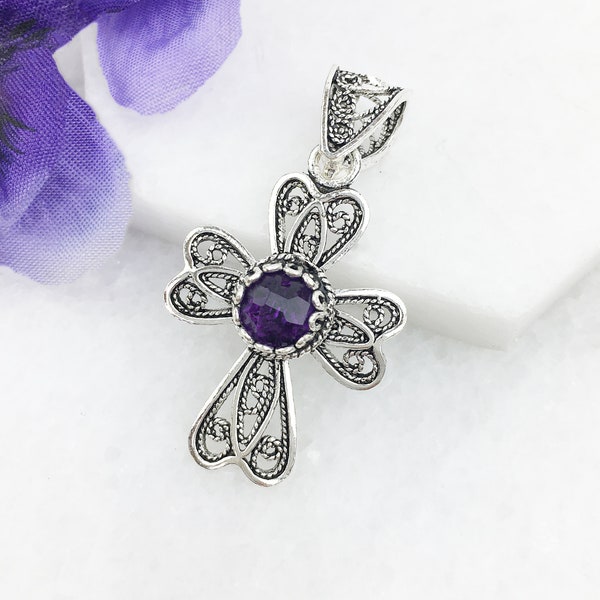 Natural Amethyst Silver Cross Pendant, Sterling Silver Natural Purple Amethyst Gemstone Cross Pendant Religious Christian Women Jewelry Gift