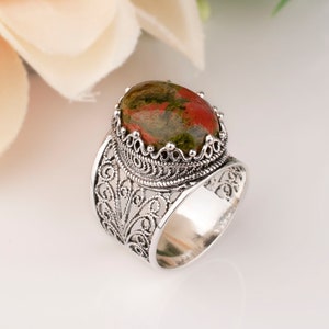 Natural Unakite Silver Ring 925 Sterling Silver Genuine Unakite Bold Statement Cocktail Ring Artisan Crafted Women Jewelry Gift Boxed 4 Her