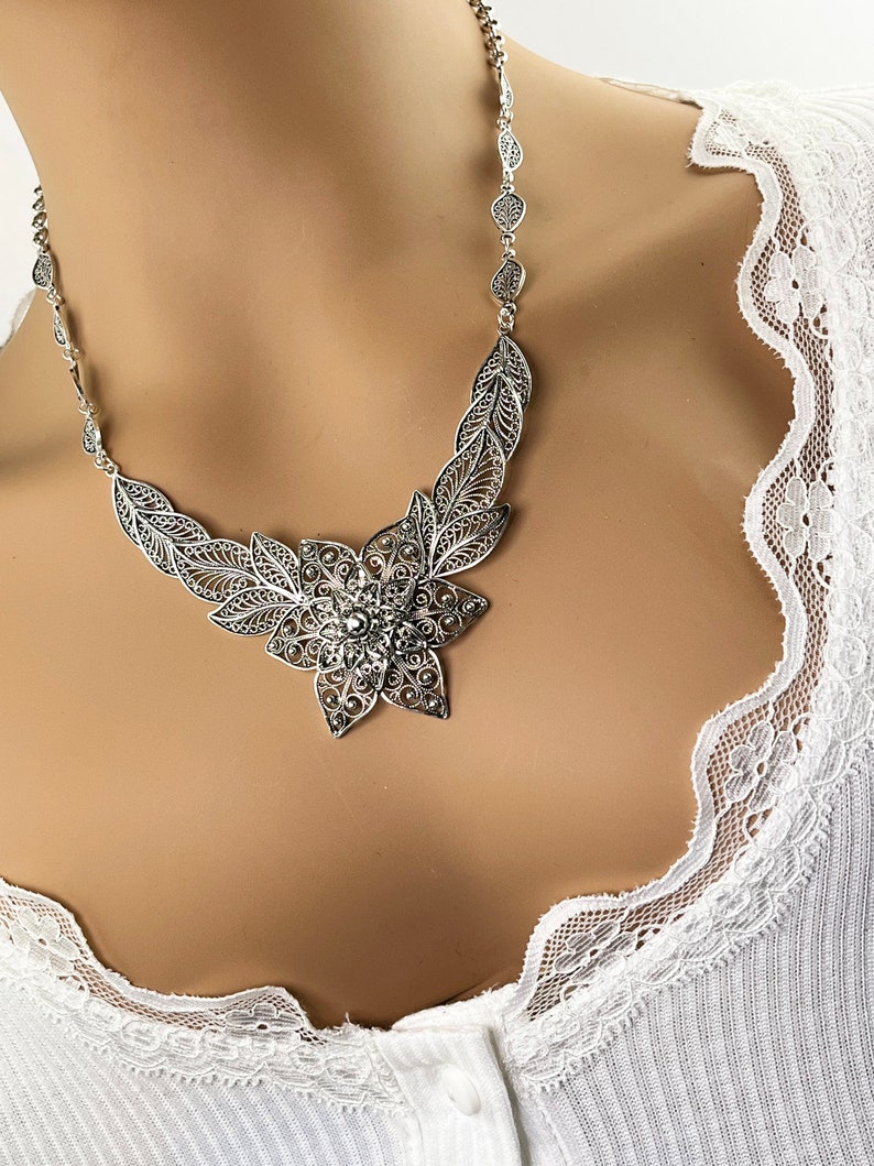 Handmade Silver Necklace, 925 Sterling Silver Artisan Crafted DGS Ornate Filigree Flower Statement Necklace Women Jewelry Gift Boxed for Her image 5