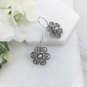 Silver Flower Earrings, 925 Sterling Silver Handmade Artisan Crafted Filigree Ornate Floral Drop Earrings Women Jewelry Gift Boxed for Her