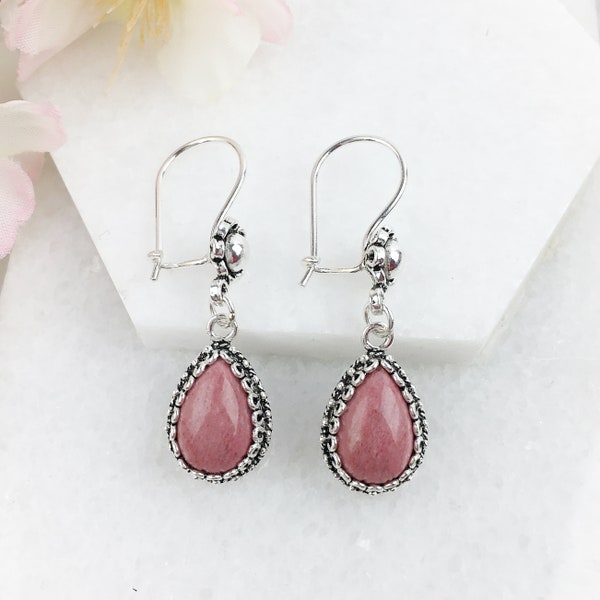 Rhodonite Silver Earrings, Solid Sterling Silver Natural Pink Rhodonite Gemstone Artisan Teardrop Dangle Drop Earrings Women Jewelry Gifts