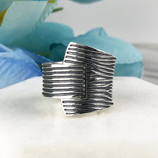 Silver Wide Band Ring, 925 Sterling Silver Wrap Around Bypass Adjustable Oxidized Wide Band Ring Artisan Crafted Unisex Jewelry Gifts Boxed