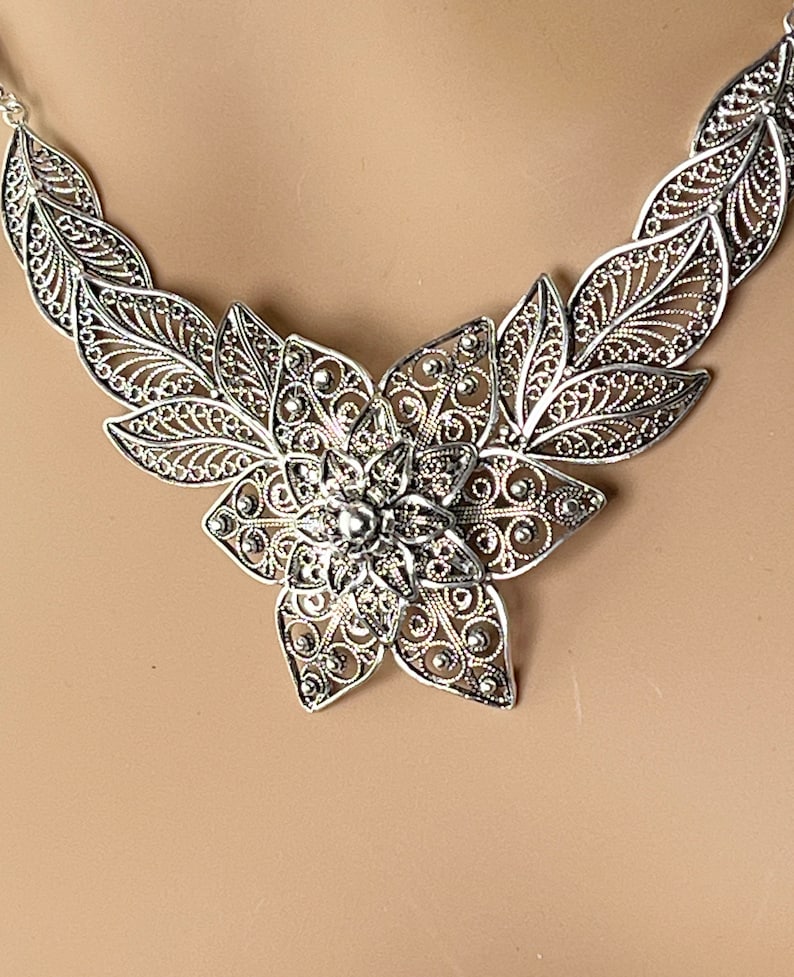 Handmade Silver Necklace, 925 Sterling Silver Artisan Crafted DGS Ornate Filigree Flower Statement Necklace Women Jewelry Gift Boxed for Her image 8