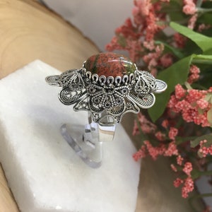 Unakite Silver Knuckle to Knuckle Statement Ring/925 Sterling Artisan Crafted Filigree Ring 12 ct  Genuine Unakite Gemstone Size: 5-12 Boxed