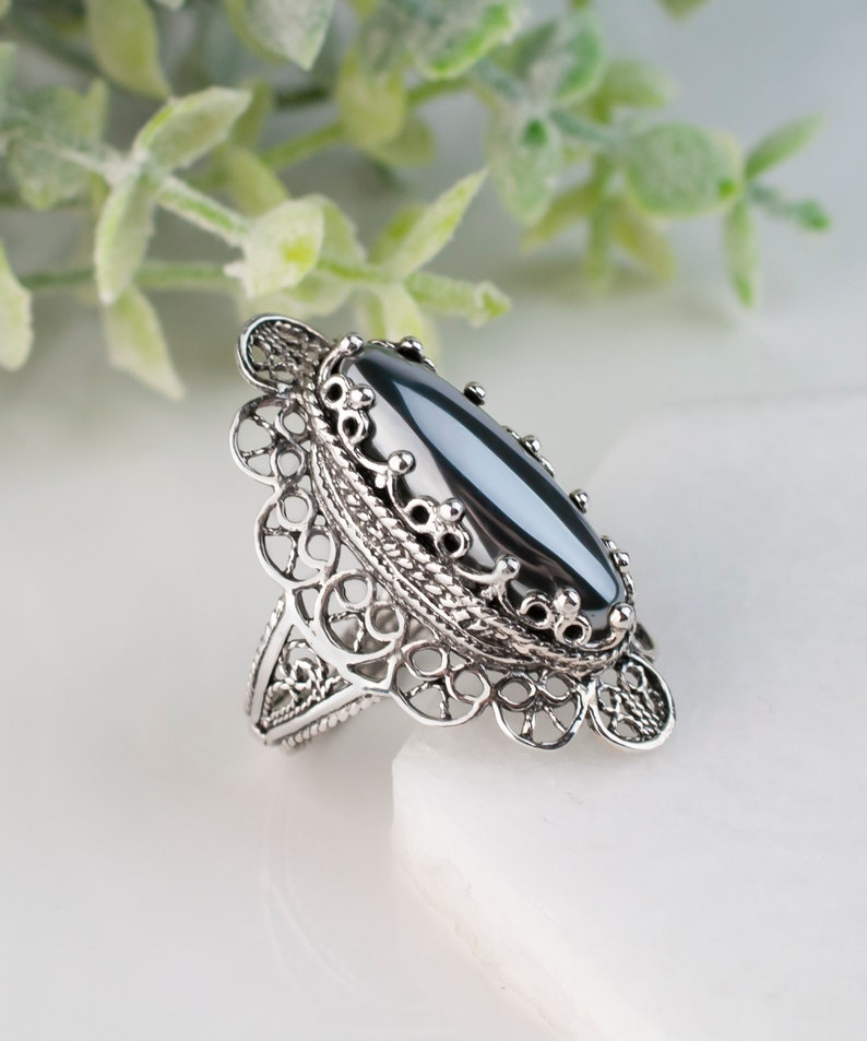 Hematite Silver Ring, 925 Sterling Silver Genuine Gray Hematite Gemstone Oval Statement Ring Women Hematite Jewelry Gifts Boxed for Her image 3