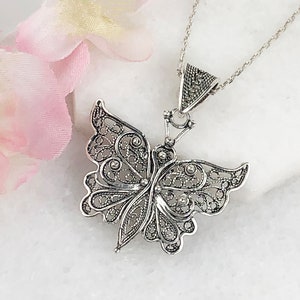 Silver Butterfly Pendant, Handmade Solid 925 Sterling Silver Artisan Filigree Monarch Butterfly Pendant Women Jewelry Gift Boxed for Her