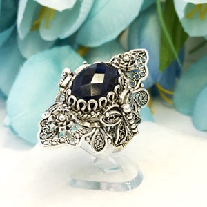 Genuine Sapphire Silver Ring, Women 925 Sterling Silver Genuine Authentic Opaque Navy Faceted Sapphire Artisan Crafted Filigree  Ring Boxed