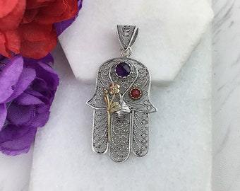 Hamsa Hand Pendant, Natural Amethyst Ruby Gemstones Solid 925 Sterling Silver Handmade Filigree Hamsa Hand Statement Pendant Jewelry Gifts