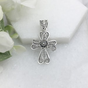 Silver Cross Pendant, 925 Sterling Silver Handmade Artisan Crafted Filigree Cross Pendant Religious Christian Women Jewelry Gifts for Her