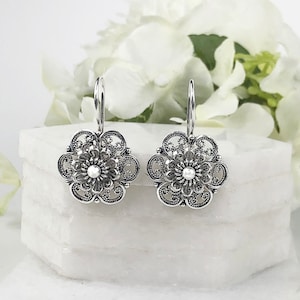 Silver Flower Earrings, 925 Sterling Silver Handmade Artisan Crafted Filigree Ornate Floral Drop Earrings Women Jewelry Gift Boxed for Her