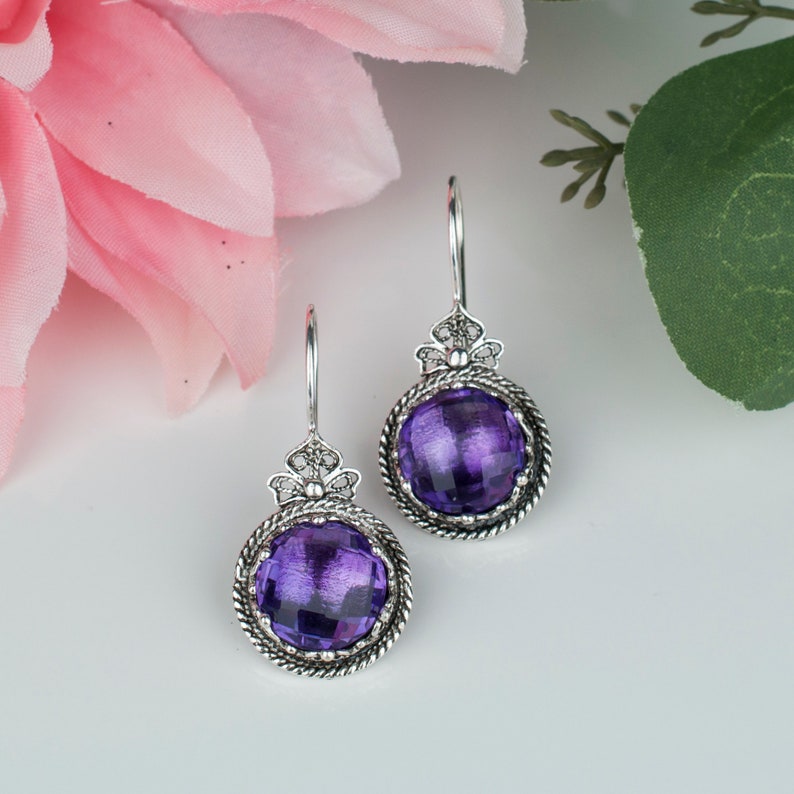 Genuine Amethyst Silver Drop Earrings,Sterling Silver 12 Carat Genuine Purple Amethyst Gemstone Artisan Crafted Filigree Earrings,Gift Boxed