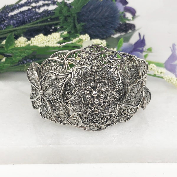 Handmade Silver Cuff Bracelet, 925 Sterling Silver Adjustable Artisan Crafted DGS Filigree Cuff Bracelet Women Jewelry Gifts Boxed for Her