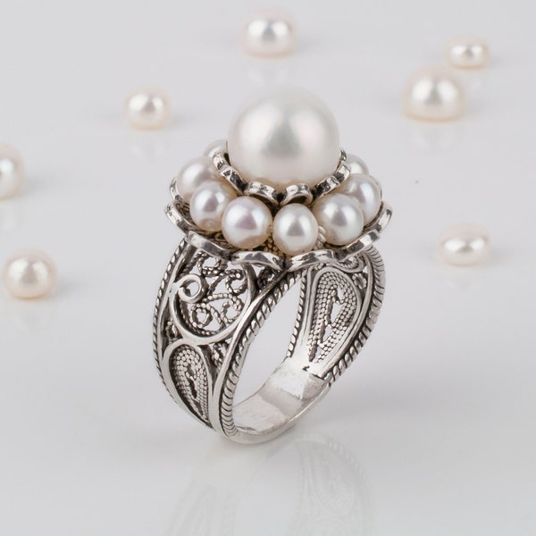 Pearl & Silver Ring, 925 sterling silver handmade artisan crafted natural white pearl floral statement ring women jewelry gift boxed for her