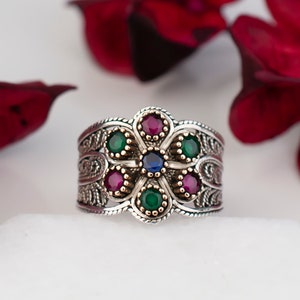 Red Ruby Green Blue Sapphire Corundum 925 Sterling Silver Artisan Crafted Multi Stone Cluster Band Ring Women Jewelry Gifts Boxed for Her