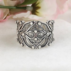 Silver Wide Band Ring, 925 Sterling Silver Handmade Artisan Crafted Filigree Wrap Around Wide Band Ring Women Jewelry Gift Boxed for Her