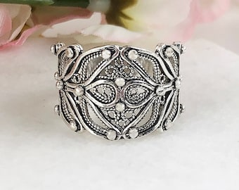 Silver Wide Band Ring, 925 Sterling Silver Handmade Artisan Crafted Filigree Wrap Around Wide Band Ring Women Jewelry Gift Boxed for Her
