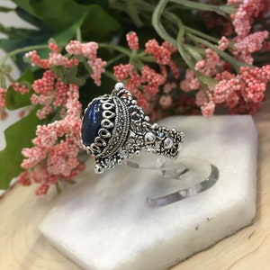 Lapis Lazuli Silver Ring 925 Sterling Genuine Blue Lapis Gemstone Handmade Artisan Filigree, Half Sizes, Women Jewelry Gift Boxed for Her