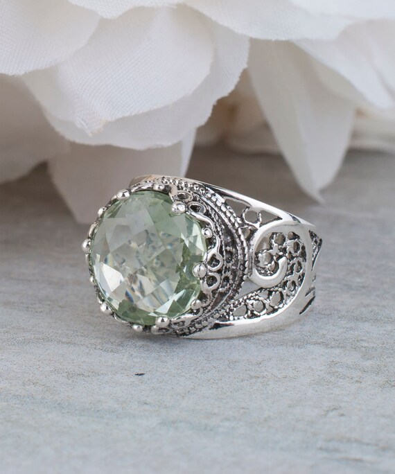 Sterling Silver 12mm Green Quartz Prasiolite Diamond Ring Sterling Silver 12mm Green Quartz Prasiolite Diamond Ring