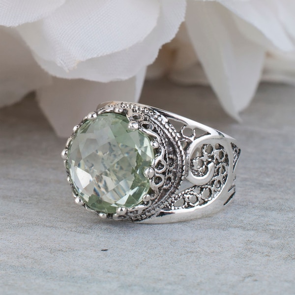 Prasiolite solid 925 sterling silver filigree paisley ring size 5-12 5 carat 12mm natural gemstone green amethyst ring jewelry gift for her