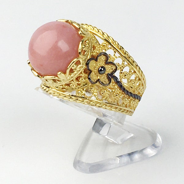 Exceptional Design Gold Plated Silver Tanzanite, Pink Opal Ring, 925 Sterling, Black Rhodium Accented 18K Gold Plated Feminine Ring Gift Box
