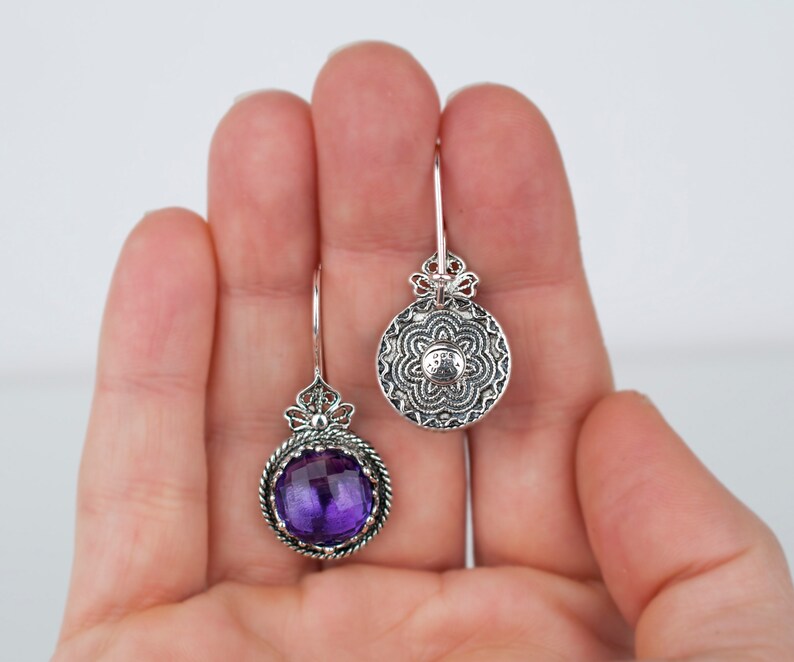 Genuine Amethyst Silver Drop Earrings,Sterling Silver 12 Carat Genuine Purple Amethyst Gemstone Artisan Crafted Filigree Earrings,Gift Boxed