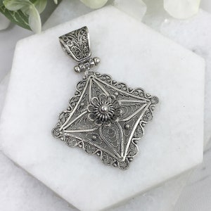 Silver Rhombus Pendant, Solid 925 Sterling Silver Handmade Filigree Square Rhombus Artisan Pendant Women Jewelry Gifts for Her