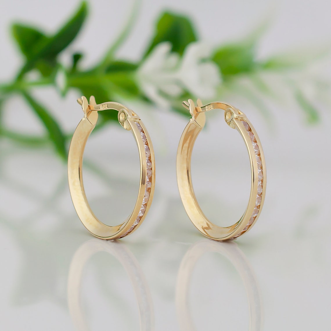14K Solid Gold Hoop Earrings Yellow Gold Channel Setting Etsy