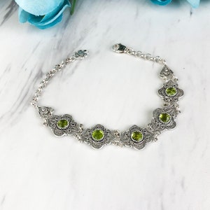 Genuine Green Peridot Gemstone 925 Sterling Silver Handmade Artisan Crafted Filigree Adjustable Bracelet Women Jewelry Gift Box Size P S M L