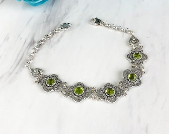 Genuine Green Peridot Gemstone 925 Sterling Silver Handmade Artisan Crafted Filigree Adjustable Bracelet Women Jewelry Gift Box Size P S M L