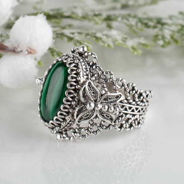 Natural Green Malachite Butterfly Ring 925 Sterling Silver Genuine Gemstone Artisan Crafted Filigree Women Jewelry Gift Boxed Half Sizes