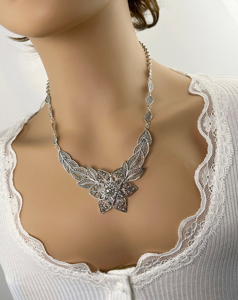 Handmade Silver Necklace, 925 Sterling Silver Artisan Crafted DGS Ornate Filigree Flower Statement Necklace Women Jewelry Gift Boxed for Her image 7