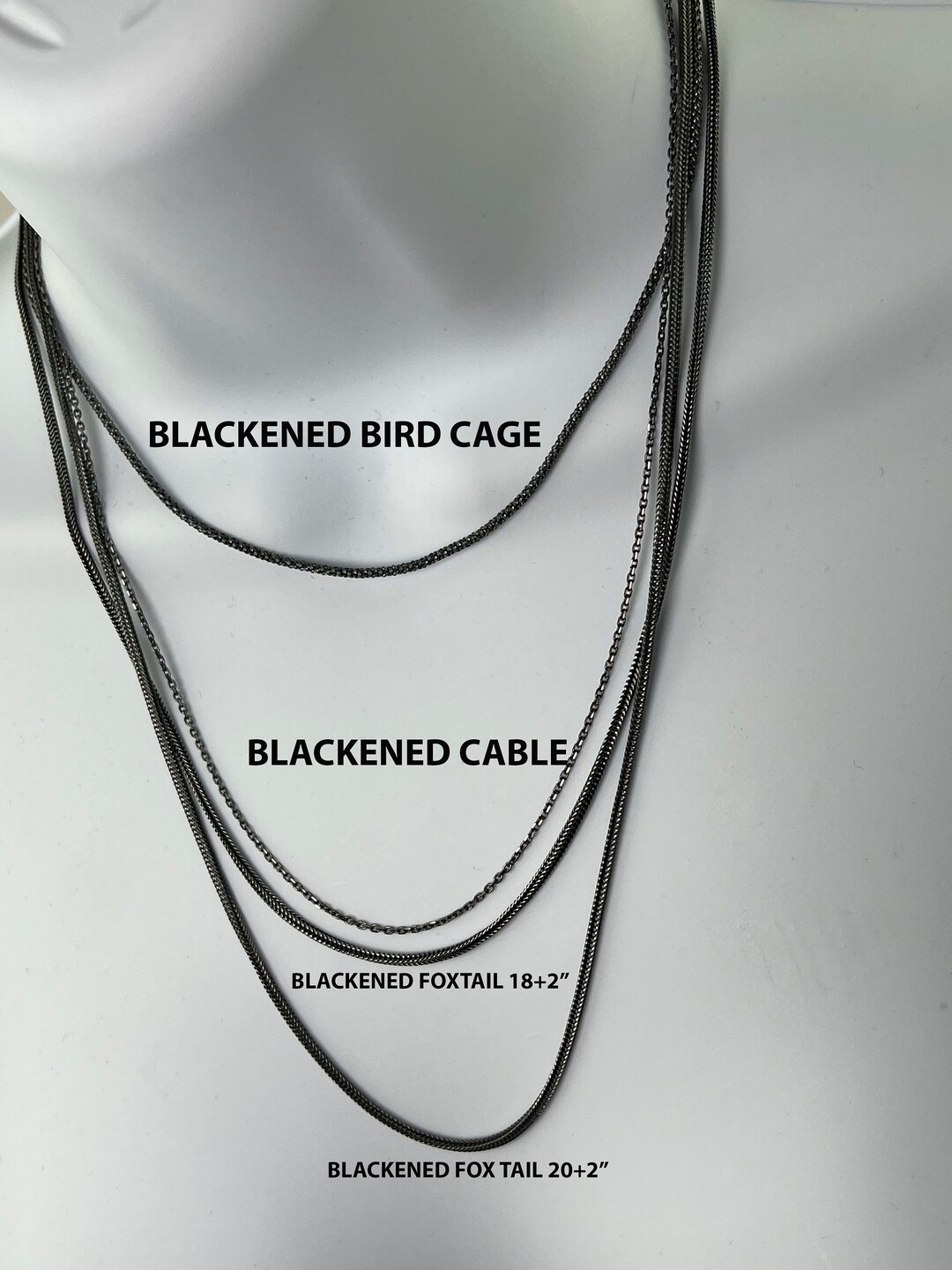 Blackened Silver Chains Birdcage Cable Foxtail Chains 925 Sterling