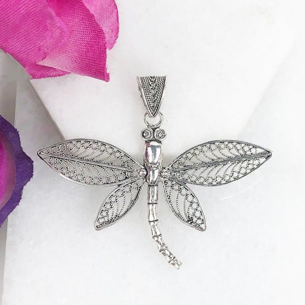 Symbol of Change Silver Dragonfly Pendant, 925 Sterling Silver Handmade Artisan Crafted Filigree Dragonfly Statement Pendant Women Jewelry