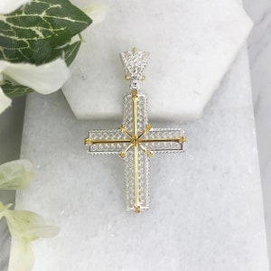 Two Tone Silver Cross Pendant 925 Sterling Silver Handmade Artisan Crafted Filigree Cross Religious Christian Jewelry Gifts Boxed for Her