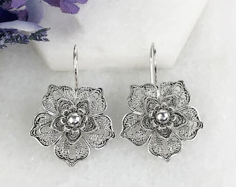 Silver Flower Earrings, 925 Sterling Silver Handmade Artisan Crafted Filigree Ornate Floral Drop Earrings Women Jewelry Gift Boxed for Her