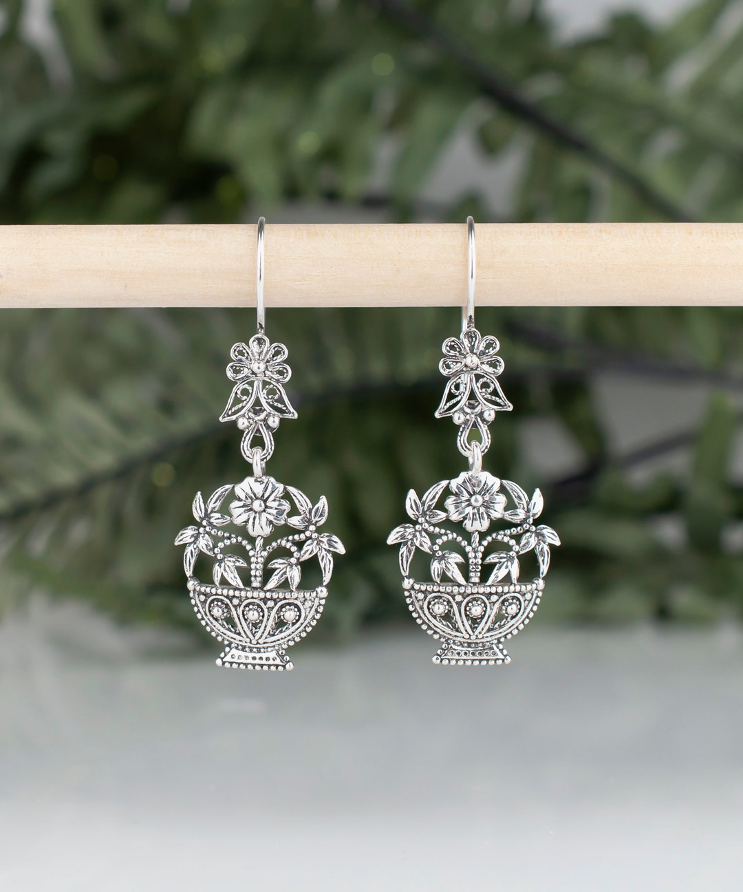 Daisy Flower Basket Earrings 925 Sterling Silver Handmade Artisan