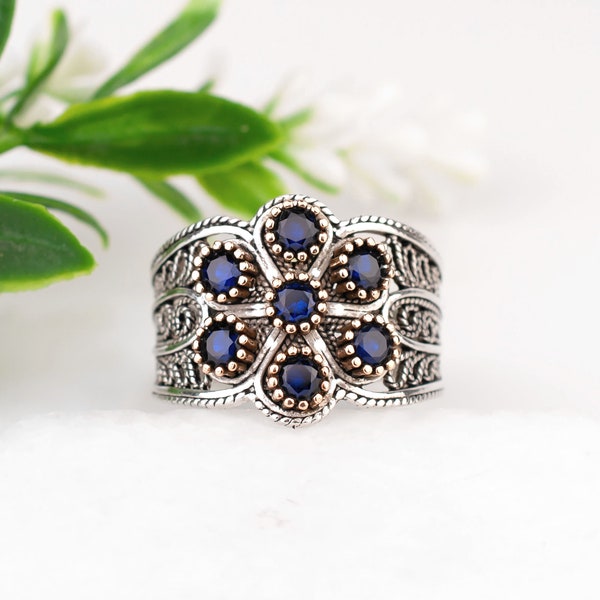 Blue Corundum Silver Ring,925 Sterling Silver Blue Corundum Artisan Crafted Multi Stone Cluster Band Ring Women Jewelry Gift Boxed for Her