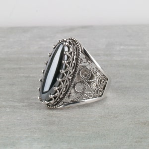 Hematite Oval Statement Ring 925 Sterling Silver Handmade Filigree Long Oval Genuine Gray Hematite Gemstone Women Jewelry Gift Boxed for Her