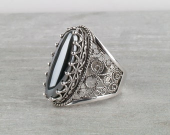 Hematite Oval Statement Ring 925 Sterling Silver Handmade Filigree Long Oval Genuine Gray Hematite Gemstone Women Jewelry Gift Boxed for Her