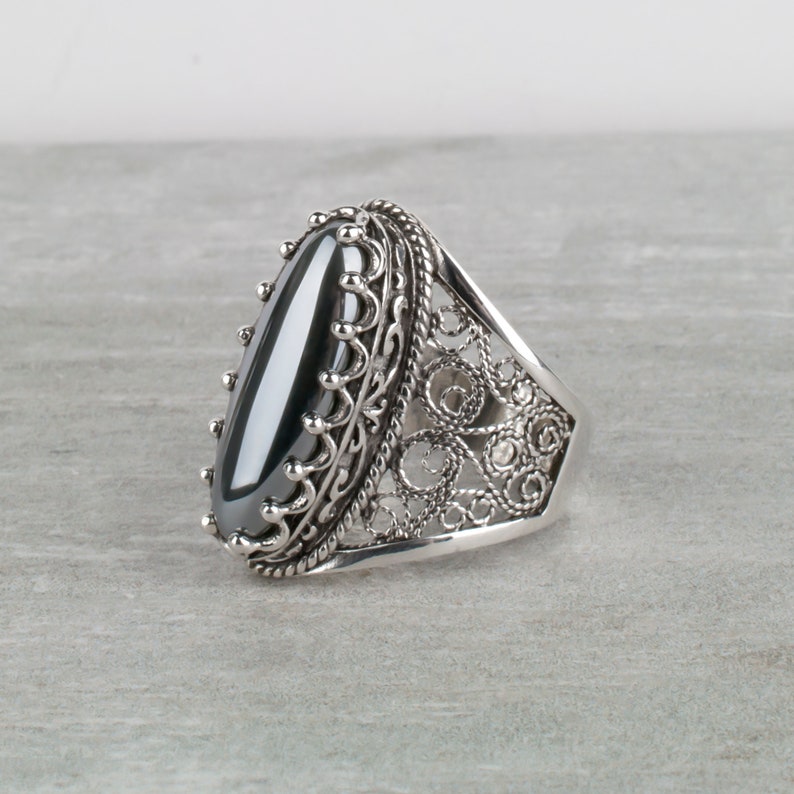 Hematite Oval Statement Ring 925 Sterling Silver Handmade Filigree Long Oval Genuine Gray Hematite Gemstone Women Jewelry Gift Boxed for Her 