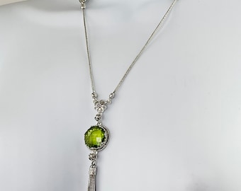 Natural Peridot Quartz Silver Necklace, 925 Sterling, Natural Green Gemstone, Adjustable Tassel Necklace 17,19, 20+2" Ext Gift Boxed for Her