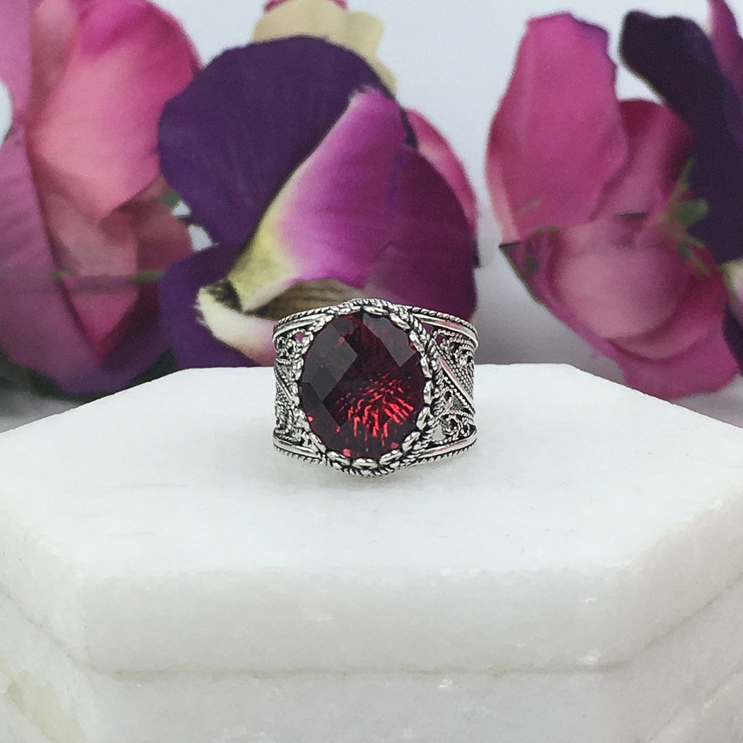 Ruby Red Quartz Silver Ring,925 Sterling Silver Ruby Dark Red Quartz