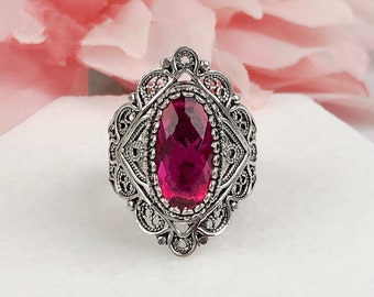 Fuchsia Quartz Silver Ring, 925 Sterling Silver Fuchsia Red Quartz Handmade Artisan Crafted Filigree Oval Statement Ring Women Jewelry Gifts