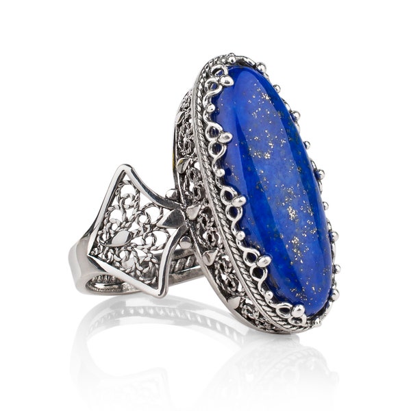 Silver & Lapis Ring Knuckle to Knuckle long Size 5-12 925 Sterling, Filigree Genuine  Gemstone  15ct tw  Ornate Best gift boxed for her