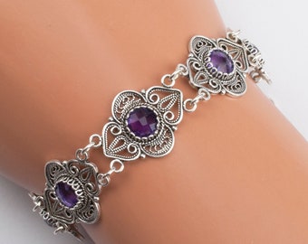 Natural Purple Amethyst 925 Sterling Silver Adjustable Bracelet Handmade Genuine Gemstones Artisan Filigree Women Jewelry Gift Sizes P S M L