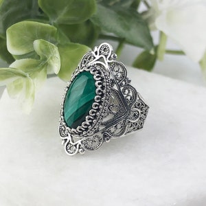 Natural Green Malachite Silver Ring,925 Sterling Silver Genuine Malachite Gemstone Handmade Artisan Filigree Ring Women Jewelry Gifts Boxed