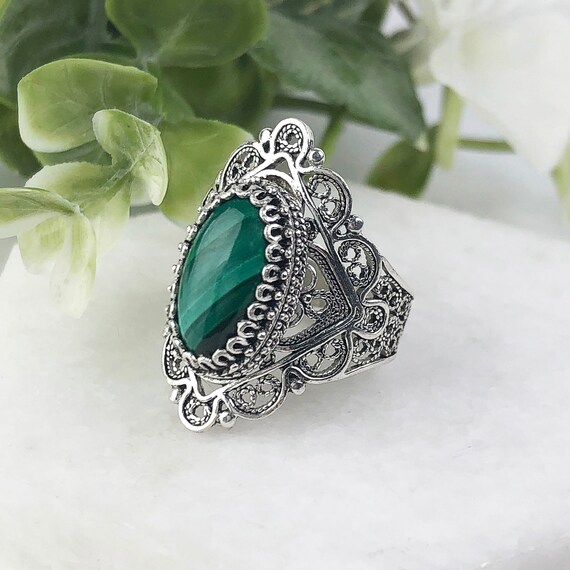 Natural Green Malachite Silver Ring,925 Sterling Silver