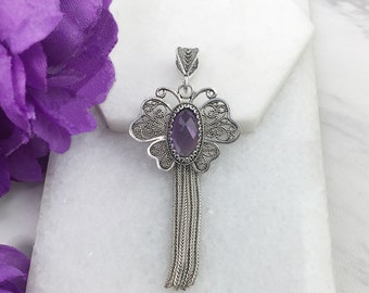 Amethyst Silver Butterfly Pendant, 925 Sterling Silver Natural Purple Amethyst Gemstone Monarch Butterfly Tassel Pendant Women Jewelry Gifts